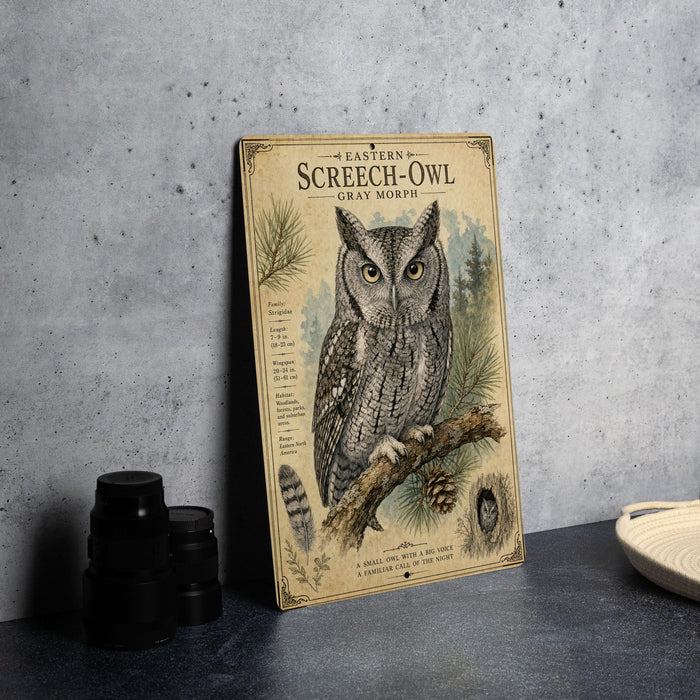 a framed illustration of an Eastern Screech- Owl, with detailed illustrations of the bird perched on a branch and surrounded by pine cones.