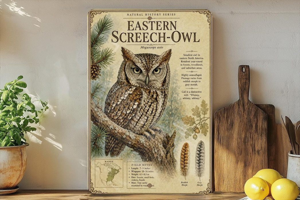 a poster of an Eastern Screech- Owl on a wall, with a potted plant to the left and a wooden cutting board to the right.