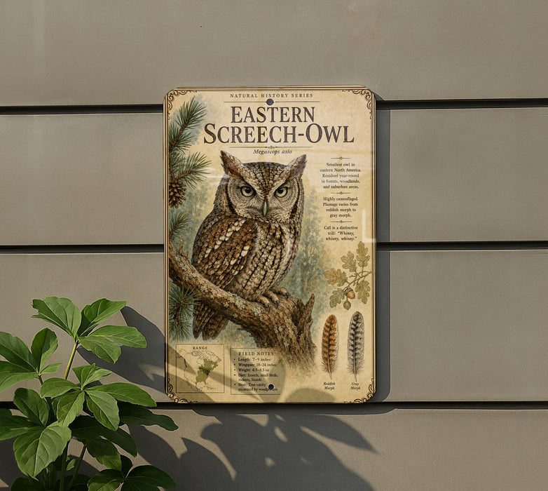 a metal plaque with an illustration of an Eastern Screech- Owl perched on a branch, surrounded by pine needles and leaves.