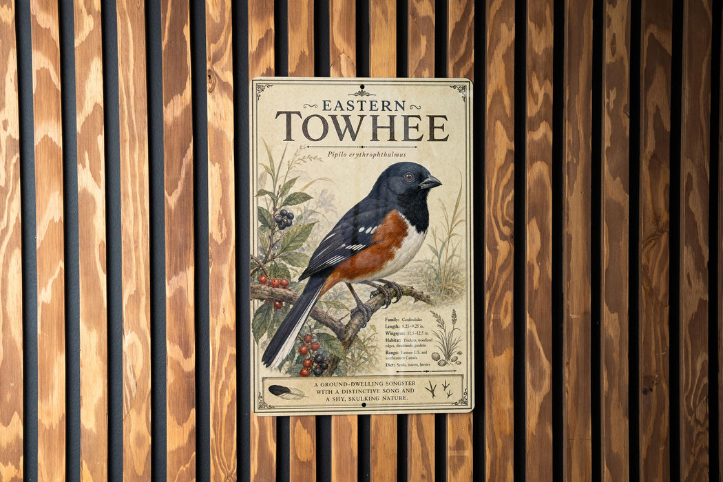 A vintage-style poster of a Towhee bird, a species of bird native to the eastern United States, is displayed on a wooden wall.