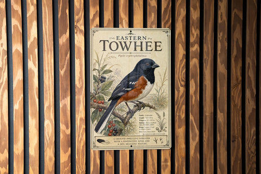 A vintage-style poster of a Towhee bird, a species of bird native to the eastern United States, is displayed on a wooden wall.