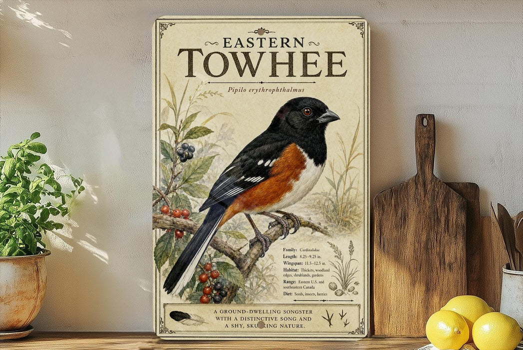 a vintage-style poster of a Towhee bird, which is a small songbird with a black and orange plumage. The poster is displayed on a shelf next to a wooden cutting board and a potted plant.