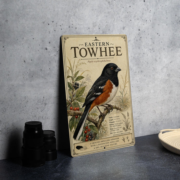 a vintage-style poster or sign with a black and white illustration of a bird, likely a Towhee, perched on a branch with berries. The poster is placed on a gray countertop, and there are some black camera lenses and a white bowl visible in the background.