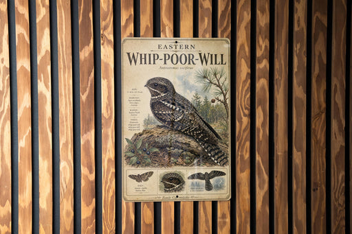 a poster or sign with an illustration of a bird, likely a species of owl, perched on a branch. The poster is mounted on a wooden wall with vertical slats.