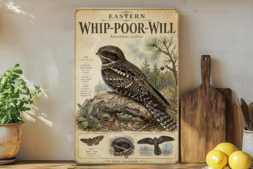 a poster of a bird, specifically a snapping owl, with a detailed illustration and text. The poster is displayed on a wall, surrounded by various kitchen items such as a cutting board, a knife, a bowl, and a potted plant.