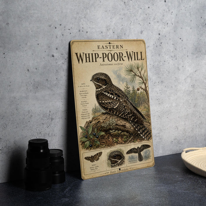 a vintage-style illustration of a bird, specifically the Eastern Whip-poor-Will, perched on a rock.