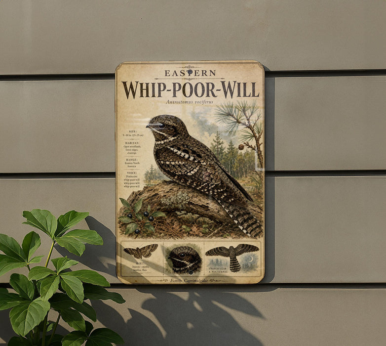 a vintage-style informational sign about the Eastern Whip-poor-Will bird, which is a species of bird native to the eastern United States. The sign includes a detailed illustration of the bird and provides information about its habitat, diet, and behavior.
