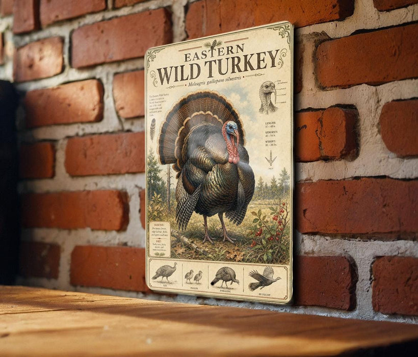 a vintage-style illustration of a wild turkey on a brick wall, with various bird species depicted below it.