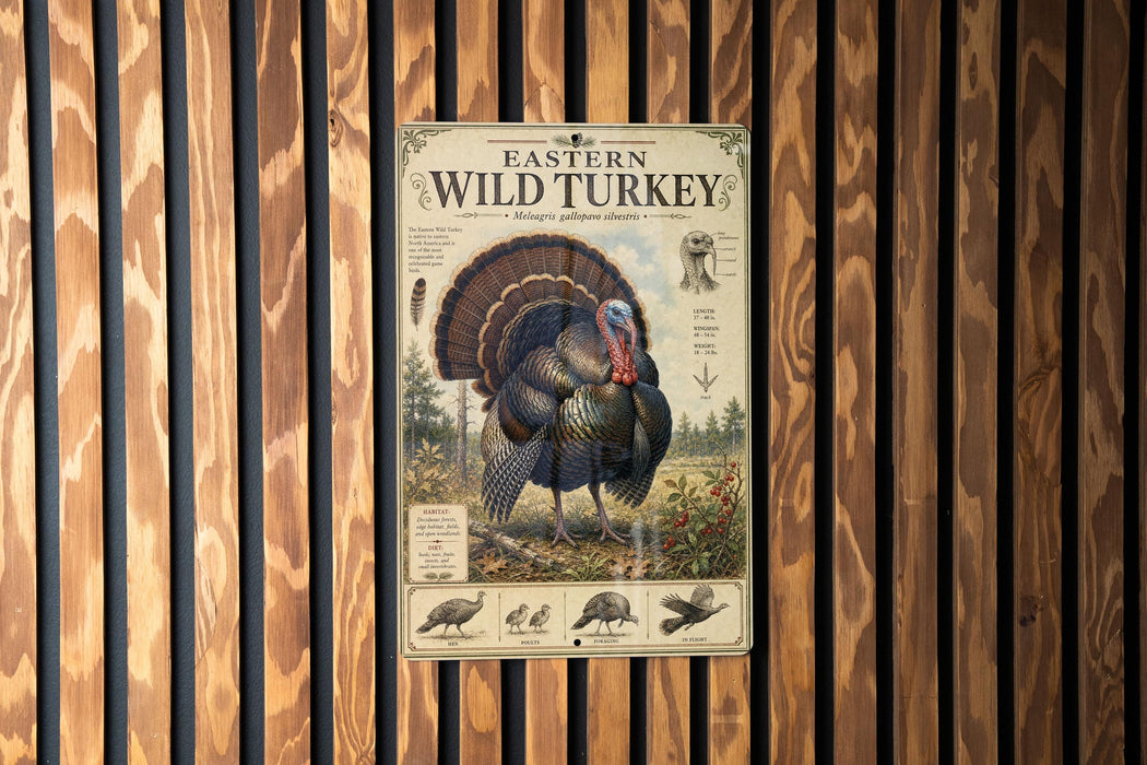 a poster of a wild turkey mounted on a wooden wall.