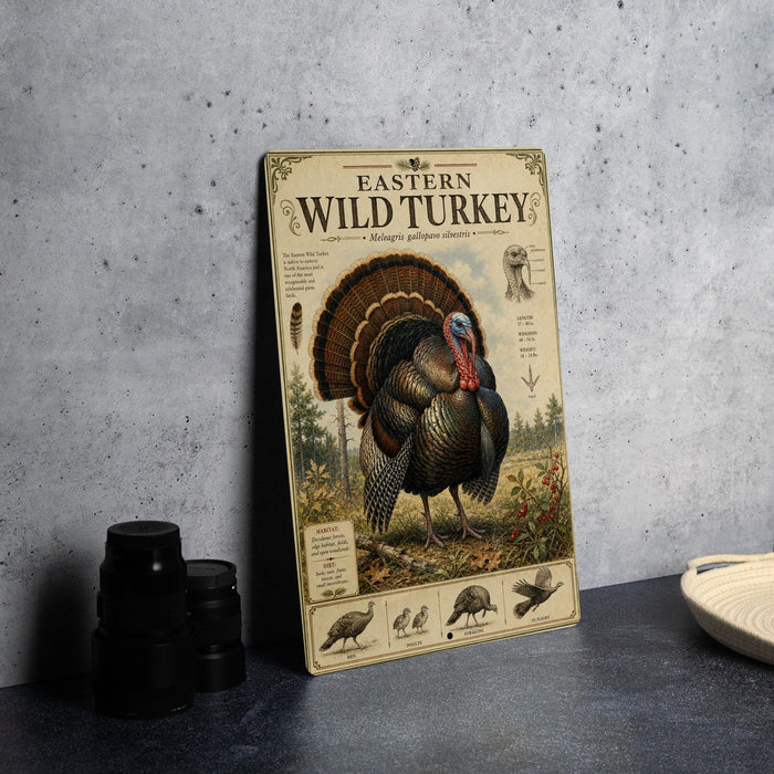 a metal sign with a detailed illustration of a wild turkey, surrounded by various bird species, placed on a countertop.