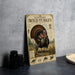 a metal sign with a detailed illustration of a wild turkey, surrounded by various bird species, placed on a countertop.