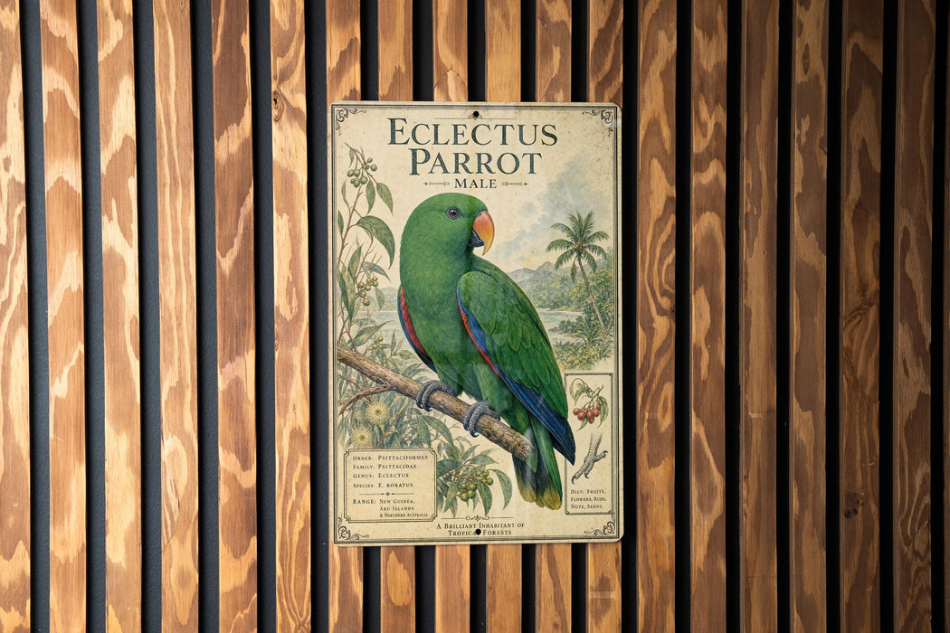 A vintage poster of an Eclectus Parrot, a species of parrot, is displayed on a wooden wall.