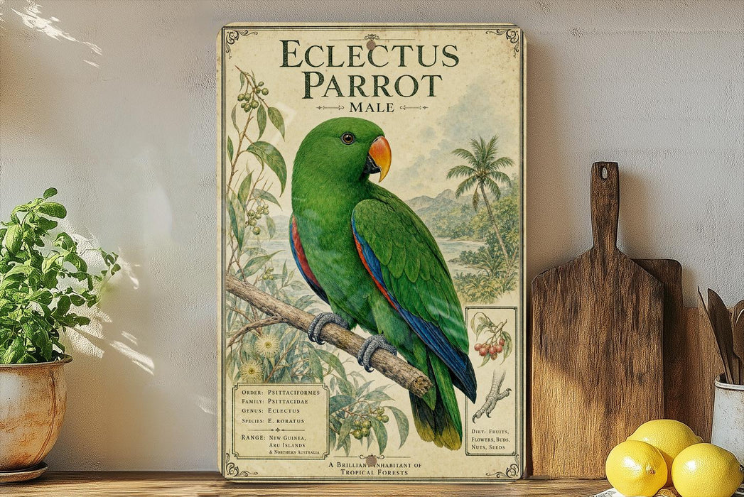 A vintage poster of an Eclectus parrot is displayed on a shelf, surrounded by kitchen utensils and a potted plant.