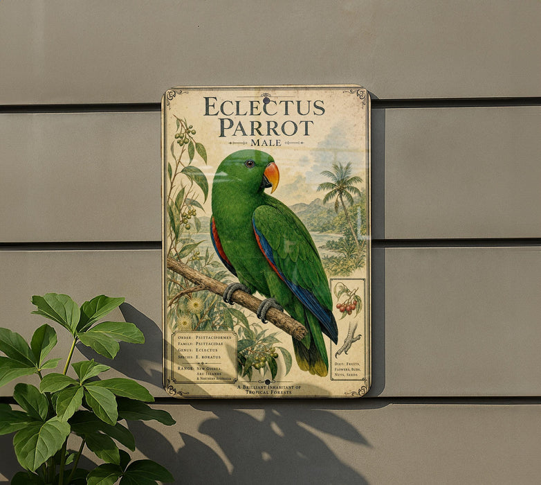 A vintage-style metal plaque featuring a colorful parrot perched on a branch, with illustrations of tropical plants and foliage surrounding the parrot.