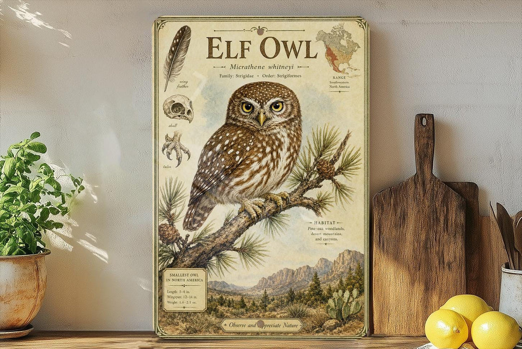 a poster of an elf owl, which is a small owl species, perched on a branch with pine needles and mountains in the background. The poster also includes text and illustrations related to the elf owl, such as its habitat, diet, and behavior.