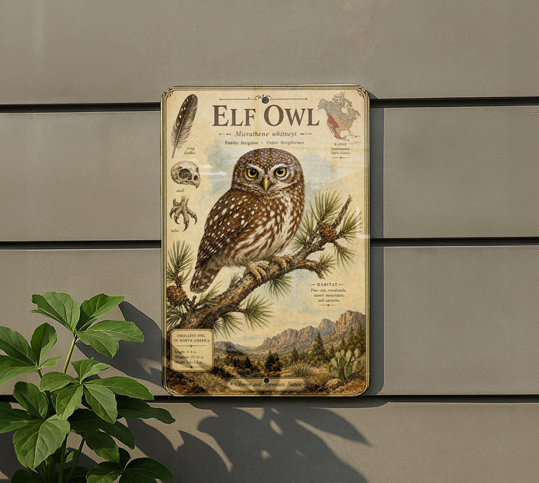 an ornate, vintage-style sign depicting an elf owl, with illustrations of the owl, pine trees, and mountains in the background.