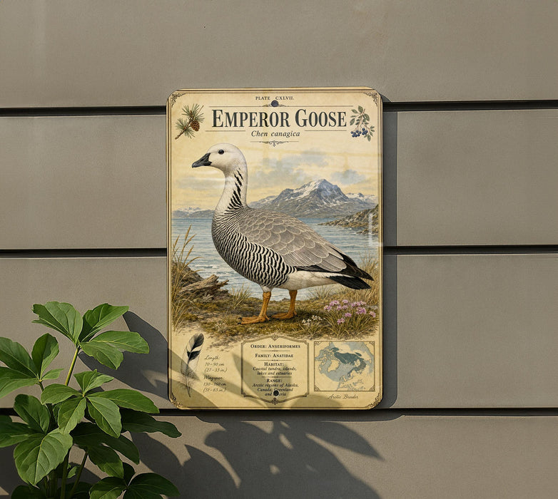 a metal plaque with an illustration of a white and black bird, likely an emu goose, standing on a grassy area with mountains in the background.