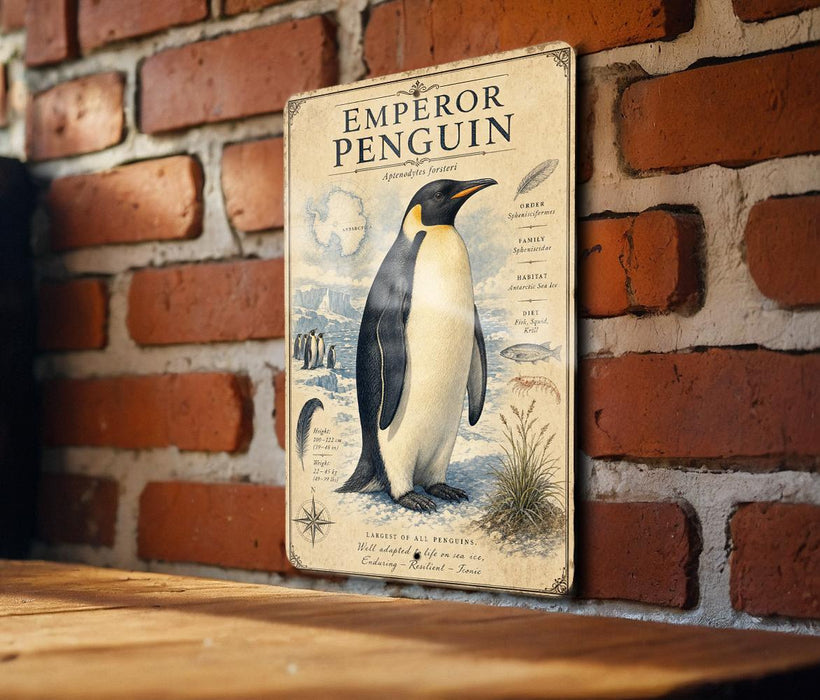 A vintage poster of an Emperor penguin is displayed on a brick wall, featuring an illustration of the penguin and various text elements.
