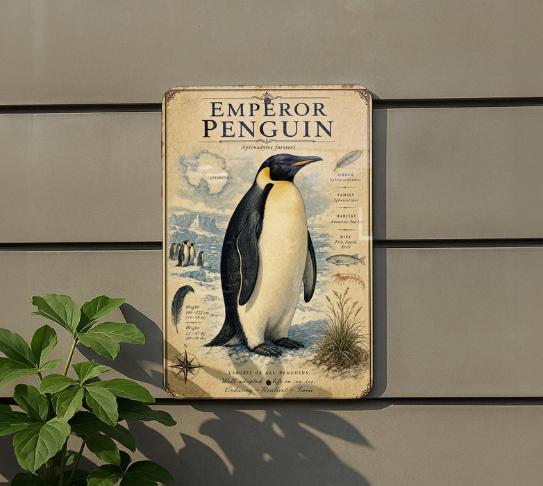 a penguin on a sign with various texts and illustrations, including a map and a compass rose.