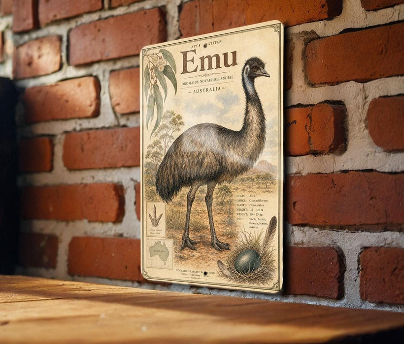 a vintage-style metal sign with an illustration of an emu, mounted on a brick wall.