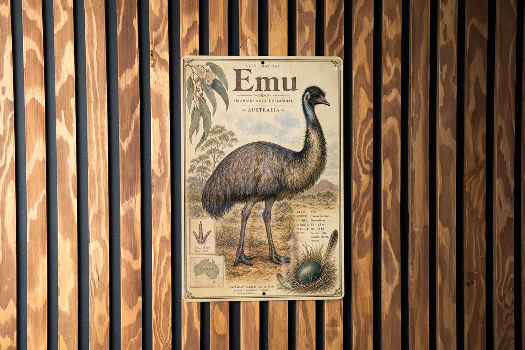 a vintage-style illustration of an emu, a large flightless bird native to Australia.