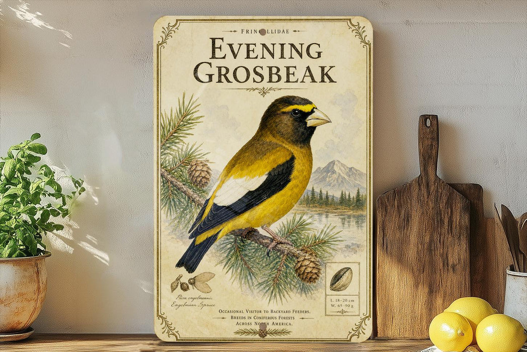 a vintage-style poster of a yellow and black bird, specifically a golden oriole, perched on a pine branch. The poster is displayed on a shelf next to a wooden cutting board and a potted plant.