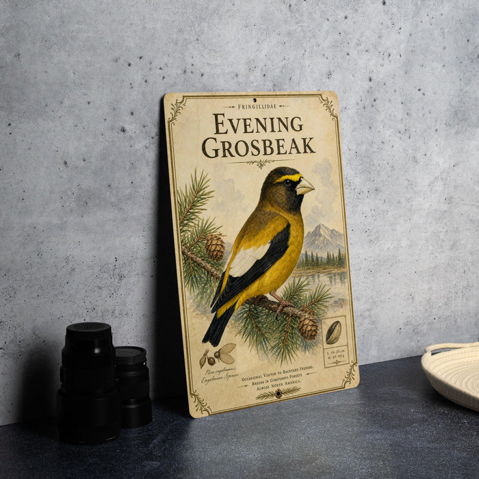 a vintage-style book cover with a yellow and black bird perched on a pine branch, surrounded by pine cones and a mountain landscape.