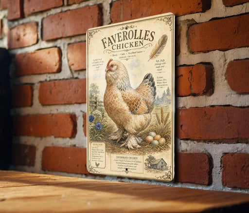 a vintage-style metal sign with a chicken illustration, mounted on a brick wall.