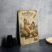 a vintage-style poster or book cover of a chicken, with a detailed illustration of the chicken and its surroundings.