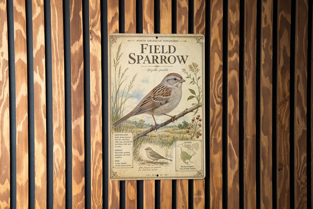 a vintage-style metal sign with illustrations and text, mounted on a wooden wall.