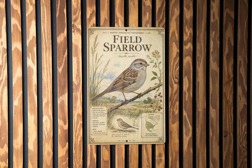 a vintage-style metal sign with illustrations and text, mounted on a wooden wall.