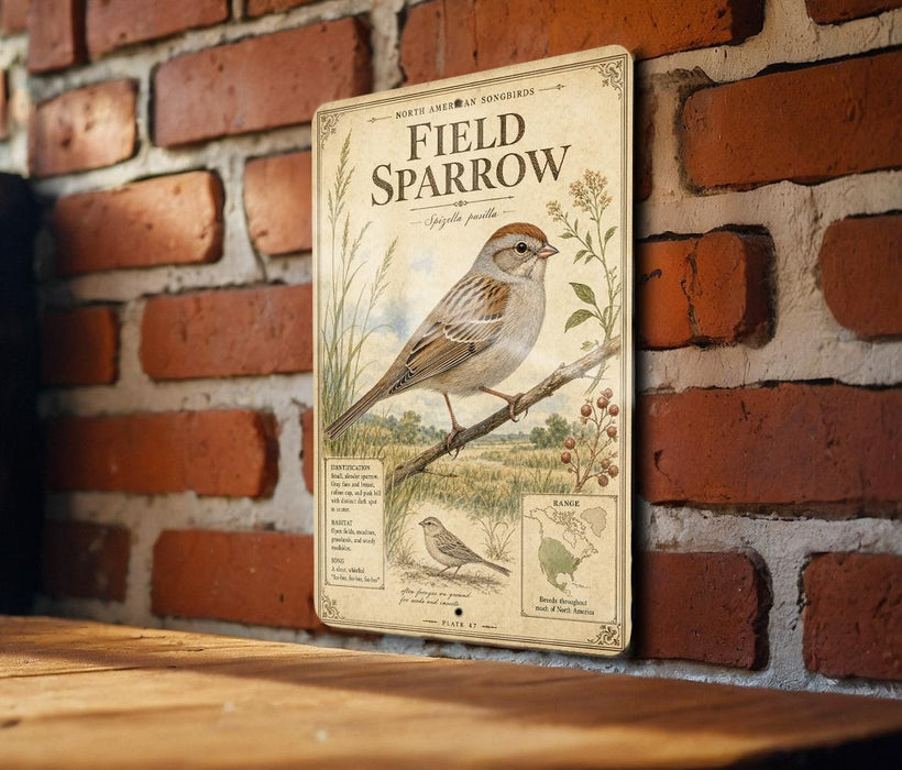 a vintage-style metal sign with illustrations and text, mounted on a brick wall.
