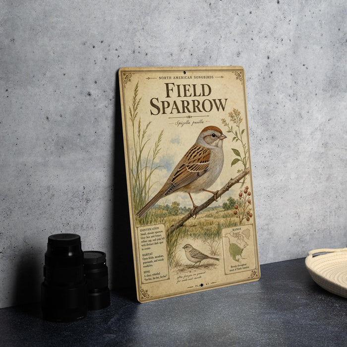 a vintage-style field sparrow illustration on a metal plate, placed on a table next to some black camera lenses.