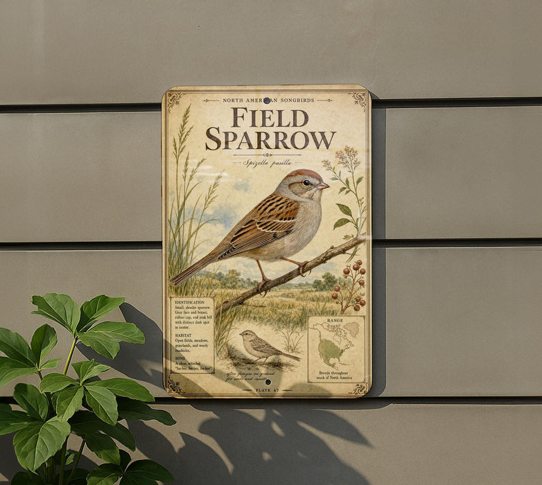 a sign depicting a sparrow, with a detailed illustration of the bird and its natural habitat.
