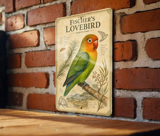 a vintage-style metal sign with a colorful illustration of a green and orange lovebird perched on a branch, set against a brick wall.