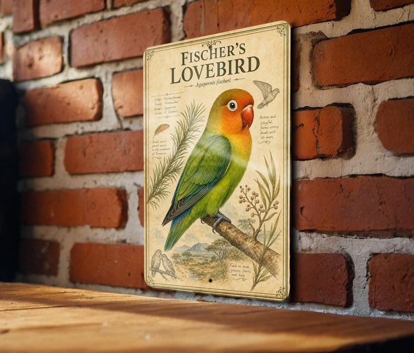 a vintage-style metal sign with a colorful illustration of a green and orange lovebird perched on a branch, set against a brick wall.