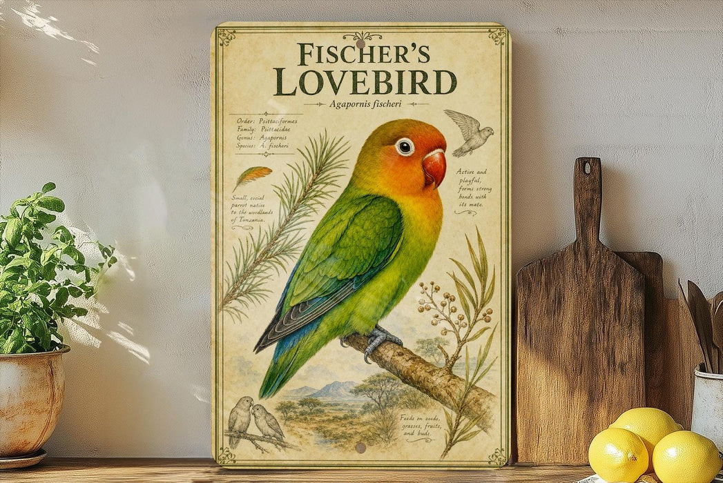 a vintage-style poster of a colorful parrot, specifically Fischer's Lovebird, perched on a branch. The poster is displayed on a wall, surrounded by various kitchen items such as a cutting board, a knife, a bowl, and a potted plant.