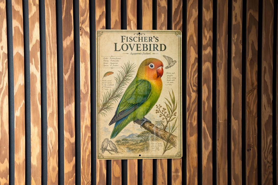 A vintage-style poster of a colorful parrot, specifically a Fischer's Lovebird, is displayed on a wooden wall.