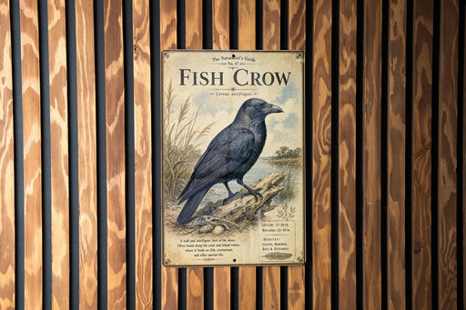 a vintage-style poster of a black bird, likely a crow, perched on a log against a wooden background.