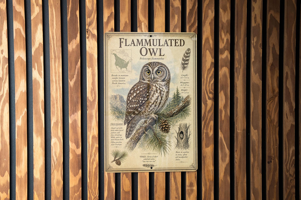 a poster of a flamingo owl mounted on a wooden wall.