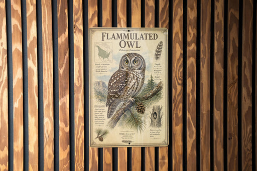 a poster of a flamingo owl mounted on a wooden wall.
