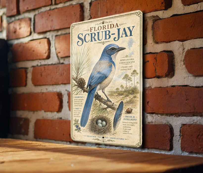A vintage-style sign for Florida scrub-jay birds, featuring an illustration of a blue bird perched on a branch with a nest and eggs.