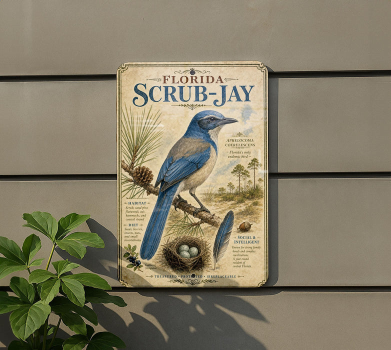 A vintage-style metal sign with illustrations of a blue bird, pine cones, and a nest, mounted on a wall.