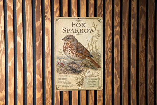 a metal sign with a detailed illustration of a fox sparrow, mounted on a wooden wall.