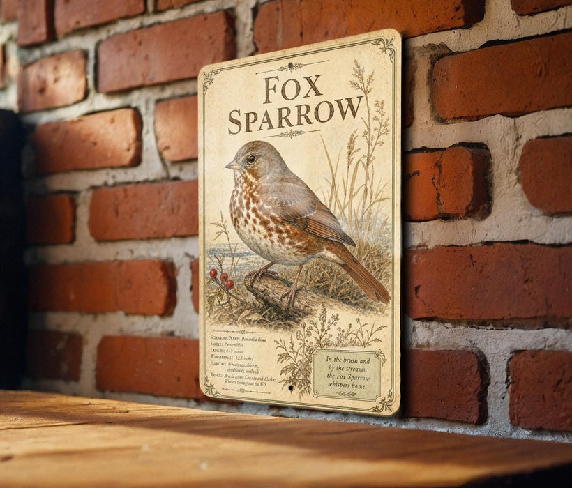 a vintage-style sign with a detailed illustration of a brown and white bird, likely a sparrow, perched on a branch. The sign is mounted on a brick wall and is positioned on a wooden surface.