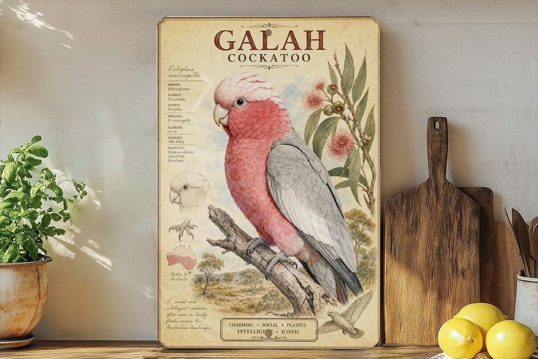 a framed illustration of a red cockatoo perched on a branch, surrounded by various botanical illustrations and text.