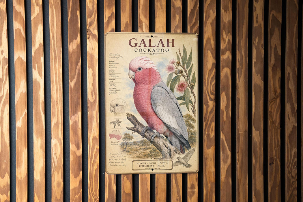 a vintage-style illustration of a Galah Cockatoo, a colorful parrot, perched on a branch with flowers.