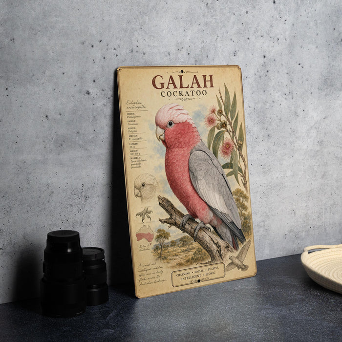 a vintage-style illustration of a red and gray cockatoo perched on a branch, accompanied by detailed botanical illustrations and scientific information about the bird.