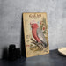 a vintage-style illustration of a red and gray cockatoo perched on a branch, accompanied by detailed botanical illustrations and scientific information about the bird.