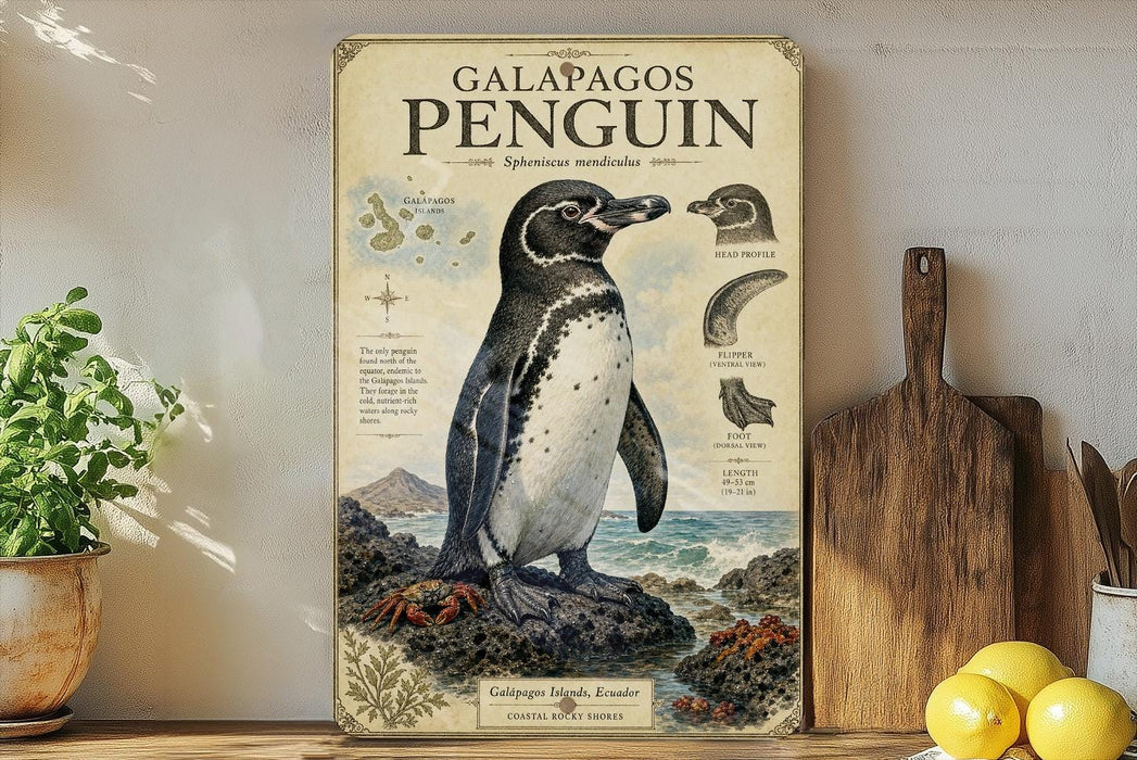 A vintage-style poster of a Galapagos penguin is displayed on a shelf, accompanied by a wooden cutting board and a potted plant.